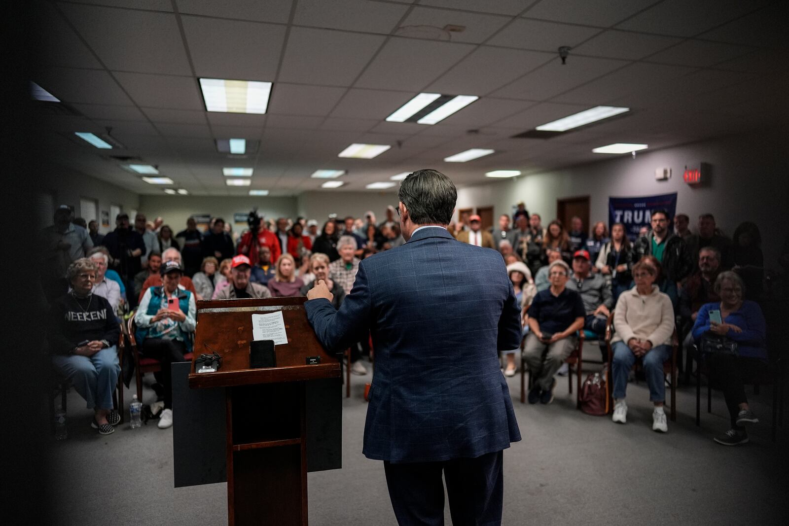 Speaker of the House Mike Johnson, R-La., speaks during a campaign event at the Lucas County Republican Party headquarters in Holland, Ohio, Saturday, Oct. 26, 2024. (AP Photo/Carolyn Kaster)