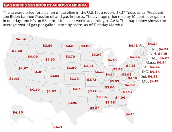 National U.S. map of gas prices by state as of Tuesday March 8. Graphic by ArLuther Lee, The Atlanta Journal-Constitution