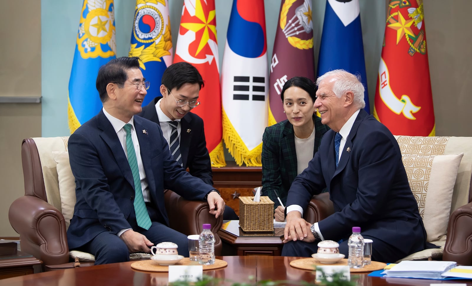 In this photo provided by South Korea Defense Ministry, South Korean Defense Minister Kim Yong Hyun, left, talks with European Union foreign policy chief Josep Borrell, right, during a meeting at the Defense Ministry, in Seoul, South Korea, Monday, Nov. 4, 2024. (South Korea Defense Ministry via AP)