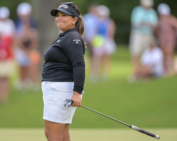 Lizette Salas reacts after a missed putt on the seventh hole during the final round of the KPMG Women’s PGA Championship Sunday, June 27, 2021, at the Atlanta Athletic Club in Johns Creek. (Daniel Varnado/For the AJC)