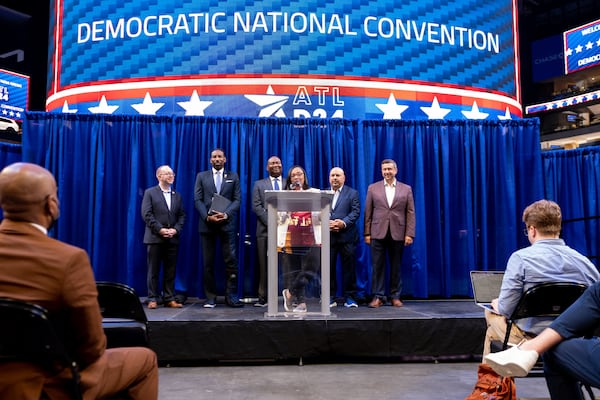 U.S. Rep. Nikema Williams spoke to journalists after touring State Farm Arena on July 28, 2022, with Democratic National Committee members as part of Atlanta’s bid to host the 2024 Democratic National Convention. (Ben Gray for the Atlanta Journal-Constitution)