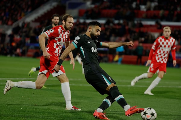 Liverpool's Mohamed Salah takes control of the ball during the Champions League soccer match between Girona and Liverpool at Estadi Montilivi in ​​Girona, Spain, on Tuesday, December 10, 2024. (AP Photo/Joan Monfort)