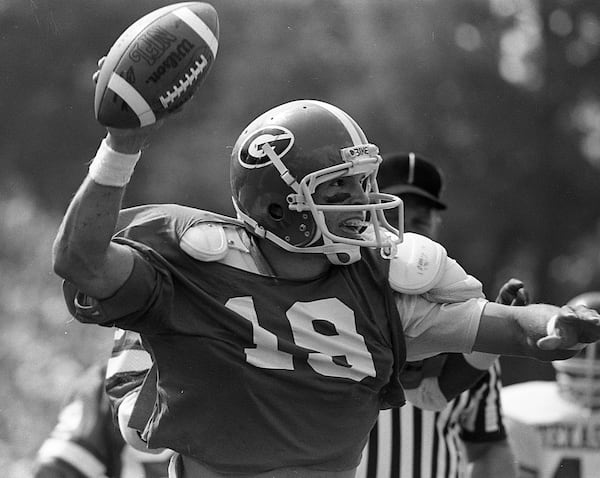 Georgia's Scott Woerner celebrates a big play against Texas A&M in 1980. AJC file photo