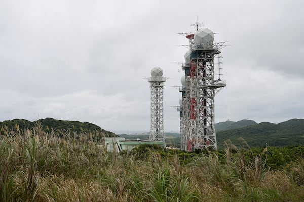 Radar towers set up by the Japan Self-Defense Forces (JSDF) stand on Yonaguni, a tiny island on Japan's western frontier, Friday, Feb. 14, 2025. (AP Photo/Ayaka McGill)