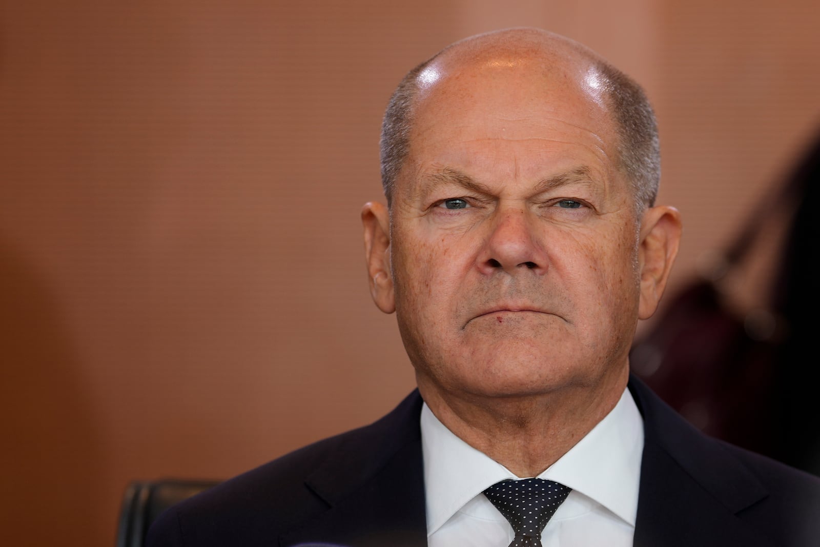 German Chancellor Olaf Scholz arrives for the cabinet meeting of the government at the chancellery in Berlin, Germany, Wednesday, Oct. 9, 2024. (AP Photo/Markus Schreiber)