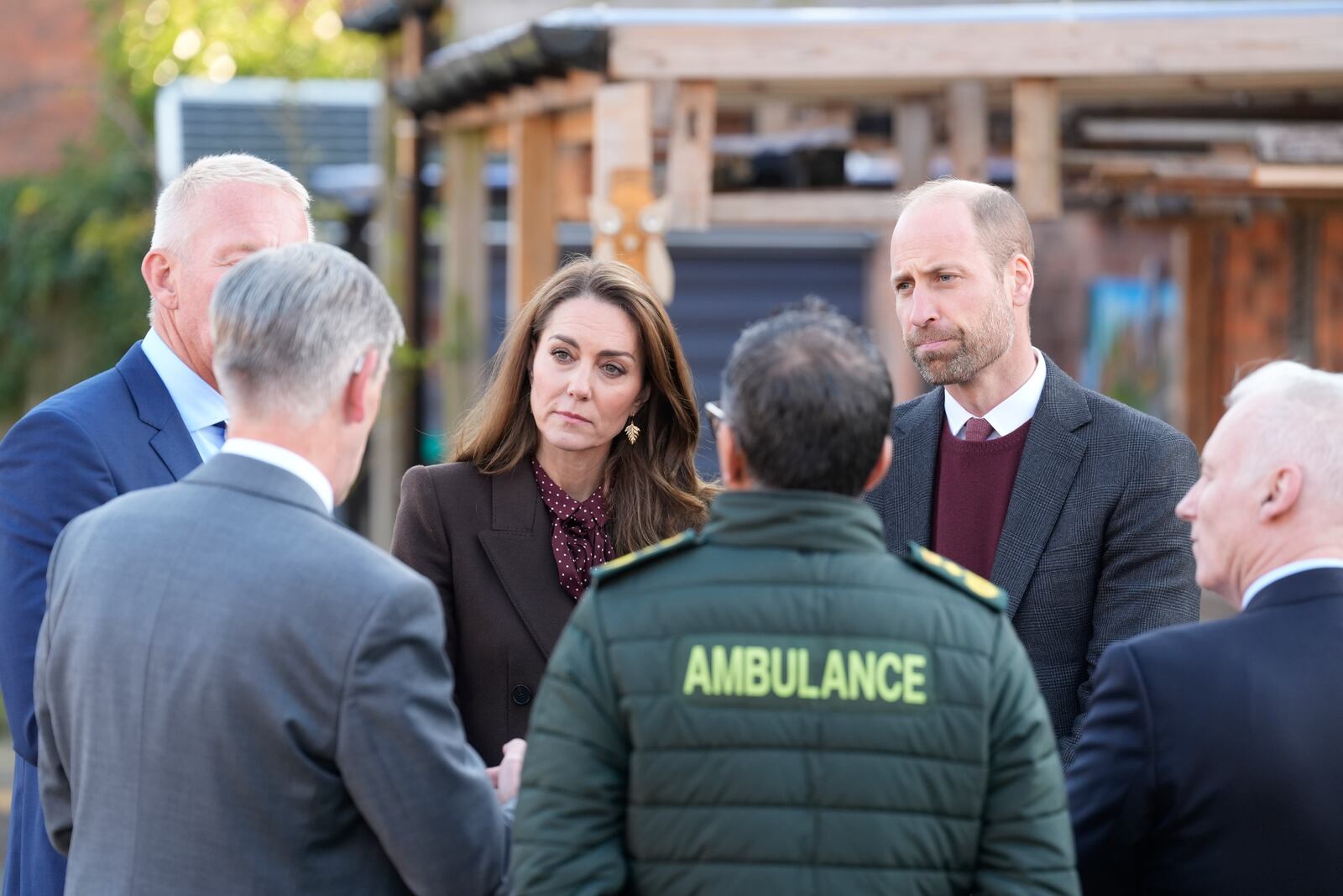 Britain's Prince William and Kate, Princess of Wales, meet members of the emergency services during a visit to Southport Community Centre to meet rescue workers and the families of those caught up in the Southport knife attack earlier this year in Southport, England, Thursday, Oct. 10, 2024. (Danny Lawson, Pool Photo via AP)