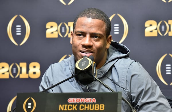 Nick Chubb speaks to the media prior to the national championship game.