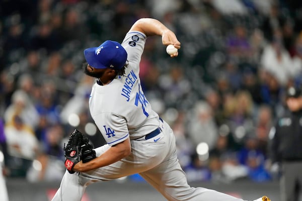 Los Angeles Dodgers relief pitcher Kenley Jansen (74) in the ninth inning of a baseball game Tuesday, Sept. 21, 2021, in Denver. (AP Photo/David Zalubowski)