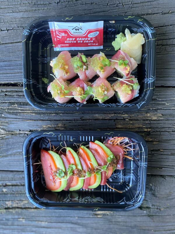 Yakitori Jinbei offers lovely takeout sushi — like this buriburi roll and tuna carpaccio, with avocado and tomato. Wendell Brock/For The AJC