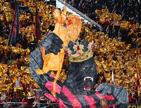 Atlanta United fans raise a Willie B. Forever tifo to begin the game against Orlando City Sunday, May 12, 2019, in Atlanta.