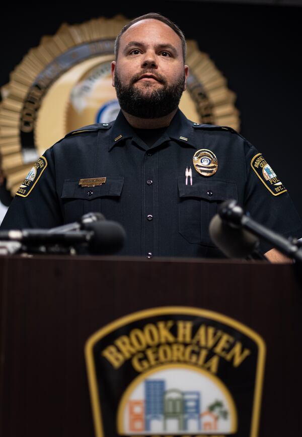 210610-Brookhaven-Brookhaven Police Lt. David Snively talks to journalists about the arrest of Christopher Jones in the weekend stabbing of a pregnant woman on the Peachtree Creek Greenway.  Ben Gray for the Atlanta Journal-Constitution