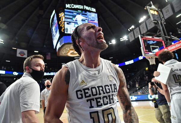 February 6, 202, 2021 Atlanta - Georgia Tech's guard Jose Alvarado (10) celebrates their victory over Notre Dame at the end of the second half of a NCAA college basketball game at Georgia Tech's McCamish Pavilion in Atlanta on Saturday, February 6, 2021. Georgia Tech won 82-80 over Notre Dame. (Hyosub Shin / Hyosub.Shin@ajc.com)