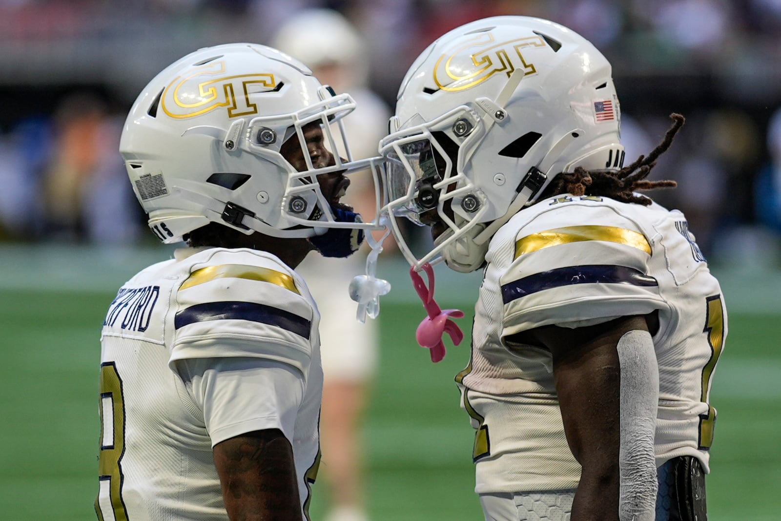 Georgia Tech running back Jamal Haynes, celebrates hios touchdown against Notre Dame during the first half of an NCAA college football game, Saturday, Oct. 19, 2024, in Atlanta. (AP Photo/Mike Stewart)