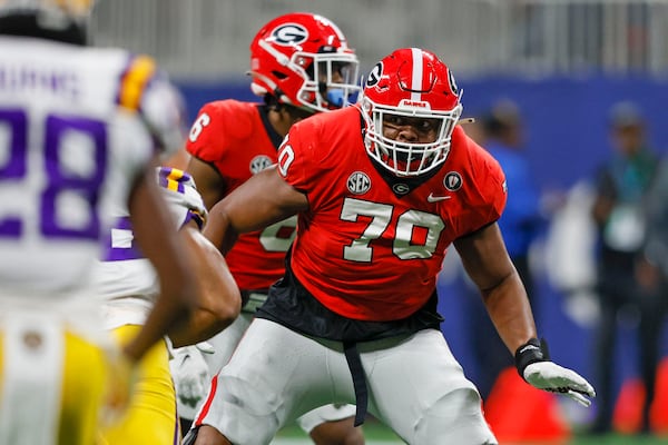 Georgia offensive lineman Warren McClendon (70) blocks against the LSU Tigers during the SEC Championship game at Mercedes-Benz Stadium, Saturday, Dec. 3, 2022, in Atlanta. (Jason Getz/The Atlanta Journal-Constitution/TNS)