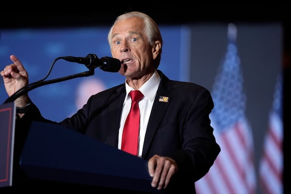 FILE - Peter Navarro speaks before Republican presidential nominee former President Donald Trump at a faith event at the Concord Convention Center, Oct. 21, 2024, in Concord, N.C. (AP Photo/Evan Vucci, File)