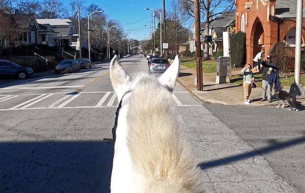 January 8, 2020 — Officer Juan Restrepo can see a lot when he’s on his patrol horse Hercules. The Atlanta Police Department’s mounted patrol unit is part of the Special Operations Section. Each horse is a sworn APD officer with its own badge. (Hyosub Shin / Hyosub.Shin@ajc.com)