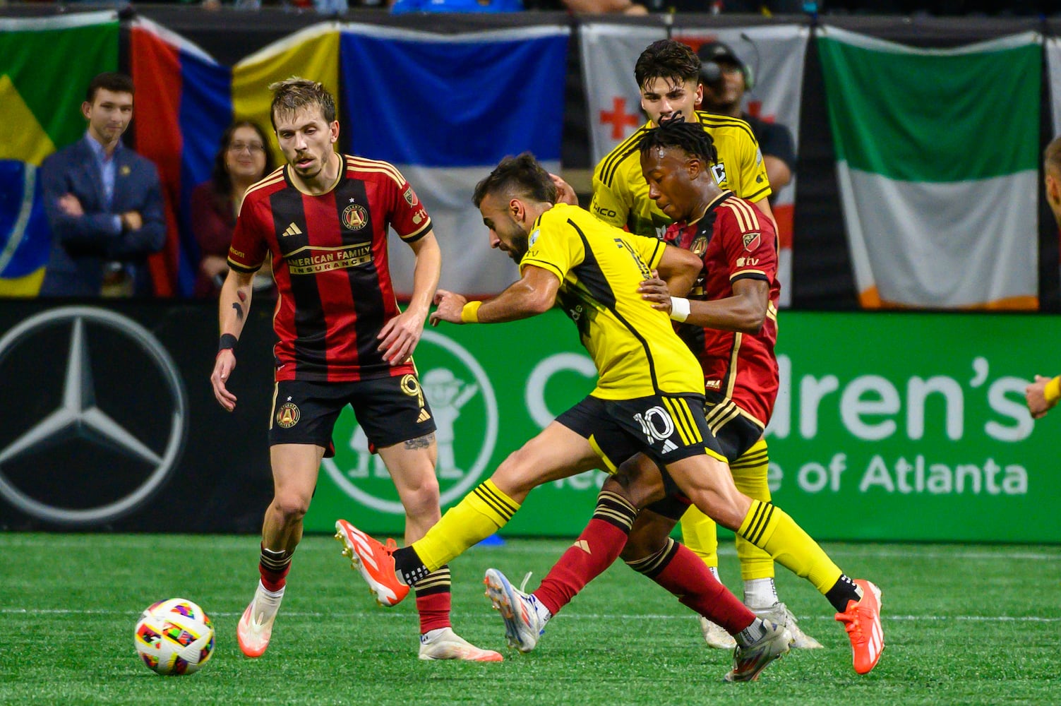 Ajani "Jay" Fortune competes for possession during the Atlanta United game against Columbus Crew at Mercedes Benz Stadium in Atlanta, GA on July 20, 2024. (Jamie Spaar for the Atlanta Journal Constitution)