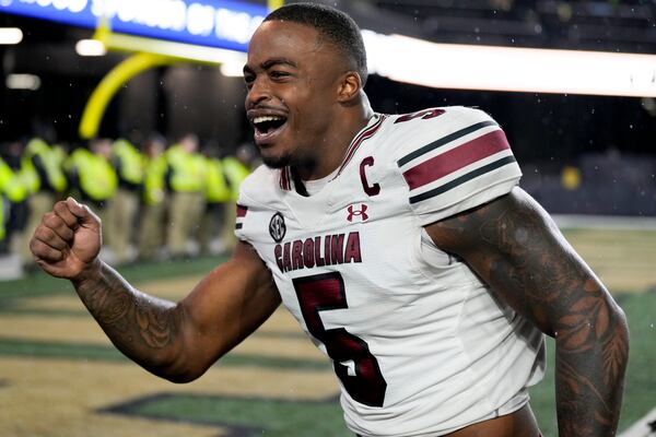 Now-former South Carolina edge rusher Kyle Kennard celebrates a win. (George Walker IV/AP) 