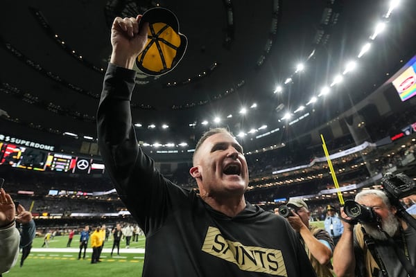 New Orleans Saints interim head coach Darren Rizzi walks off the field after an NFL football game against the Atlanta Falcons, Sunday, Nov. 10, 2024, in New Orleans. The New Orleans Saints won 20-17. (AP Photo/Gerald Herbert)