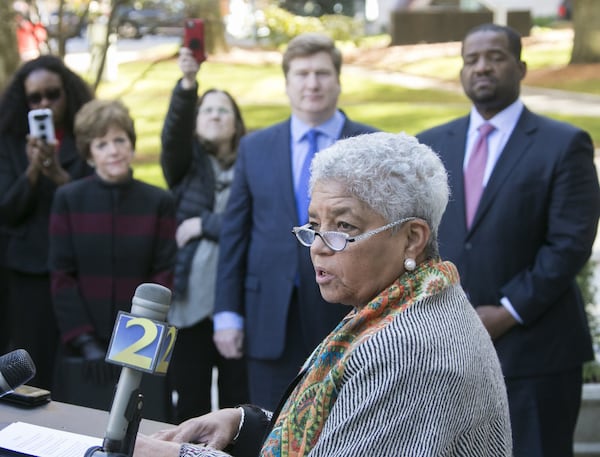 Former Atlanta Mayor Shirley Franklin endorses Mary Norwood, who  watches (back, left) with former Atlanta mayoral candidates Peter Aman (back, center) and Ceasar Mitchell (back, right). 