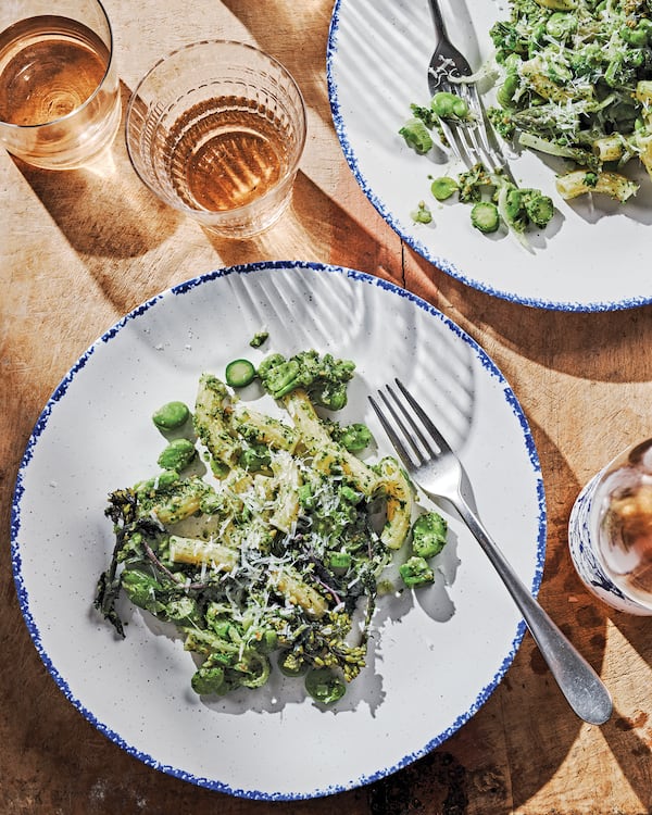 Fava Bean Primavera with Spring Hazelnut-Herb Pesto from "Vegetable Revelations" by Steven Satterfield. Published by Harper Wave, an imprint of HarperCollins Publishers. Reprinted by permission. Photos credited to Andrew Thomas Lee.
(Courtesy of HarperCollins Publishers / Andrew Thomas Lee)