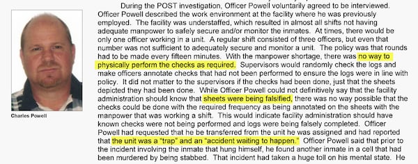 Charles Powell, a former officer at Augusta State Medical Prison, told investigators that documents were routinely falsified because there wasn't enough staff to do the required rounds. (POST file)