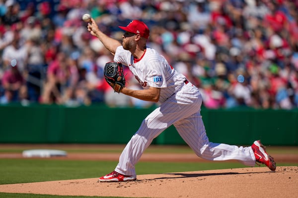 Philadelphia Phillies starting pitcher Zack Wheeler delivers during the first inning of a spring training baseball game against the New York Yankees, Thursday, Feb. 27, 2025, in Clearwater, Fla. (AP Photo/Stephanie Scarbrough)