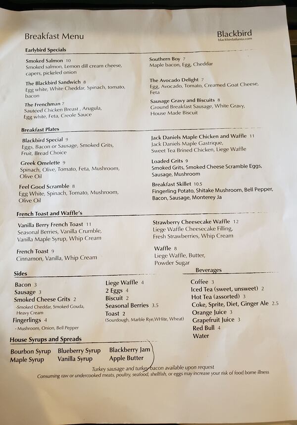 Blackbird breakfast menu