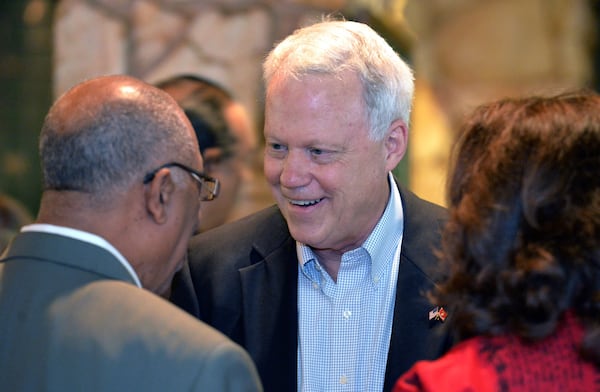 Former U.S. Rep. Paul Broun (center) said allegations against a consultant to his campaign to return to the U.S. House raped a woman in 2013 are "very disturbing." But he said he would continue to work with the consulting firm, adding that his campaign has really worked more closely with another of its employees. HYOSUB SHIN / HSHIN@AJC.COM