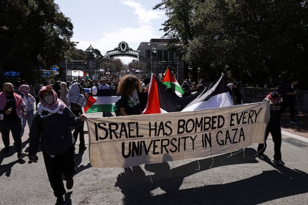 Protesters march on campus against the arrest of Mahmoud Khalil at UC Berkeley on Tuesday, March 11, 2025, in Berkeley, Calif. (Santiago Mejia/San Francisco Chronicle via AP)