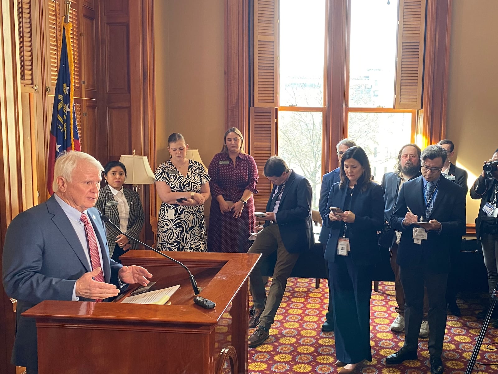 Georgia House Speaker Jon Burns addresses reporters on Wednesday, Jan. 10, 2024, in the first week of the legislative session.  He spoke openly of looking at Medicaid expansion. (Ariel Hart/ariel.hart@ajc.com)