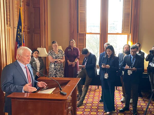 Georgia House Speaker Jon Burns addresses reporters on Wednesday, Jan. 10, 2024, in the first week of the legislative session.  He spoke openly of looking at Medicaid expansion. (Ariel Hart/ariel.hart@ajc.com)