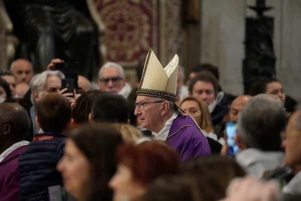 Vatican Secretary of State, Cardinal Pietro Parolin, delegated by Pope Francis who's being treated for pneumonia at Rome's Agostino Gemelli Polyclinic, presides over a mass with the pilgrims of the "Movement for Life" in St. Peter's Basilica at The vatican, Saturday, March 8, 2025. (AP Photo/Gregorio Borgia)