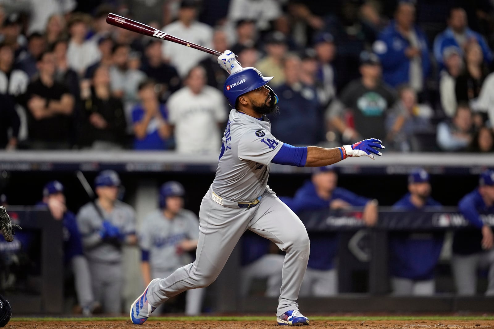 Los Angeles Dodgers' Teoscar Hernández hits a two-run double against the New York Yankees during the fifth inning in Game 5 of the baseball World Series, Wednesday, Oct. 30, 2024, in New York. (AP Photo/Godofredo A. Vásquez)