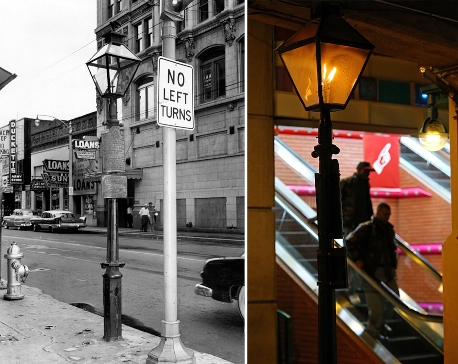 The Eternal Flame of the Confederacy lamppost stood on the corner of Alabama and Whitehall streets during the Civil War but has moved around since then.  (Left photo: AJC file; Right photo: Curtis Compton / ccompton@ajc.com)