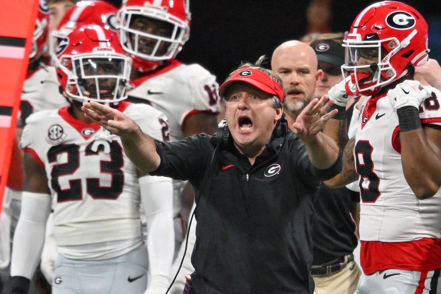 Georgia Bulldogs head coach Kirby Smart reacts on the sideline against the Alabama Crimson Tide during the second half of the SEC Championship football game at the Mercedes-Benz Stadium in Atlanta, on Saturday, December 2, 2023. (Hyosub Shin / Hyosub.Shin@ajc.com)