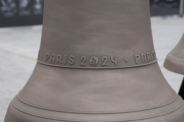 A bell that Olympic medalists rang at the Paris Games, is seen before being installed in Notre Dame Cathedral, ahead of the monument's grandiose reopening following a massive fire and five-year reconstruction effort, Thursday, Nov. 7, 2024 in Paris. (AP Photo/Christophe Ena)