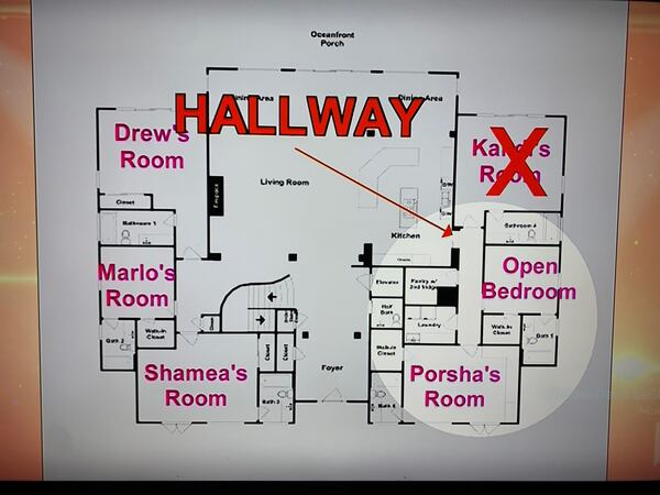 The map of the ground floor of the beach house and where Kenya heard what she thought was the male stripper sleeping with one or more women. BRAVO