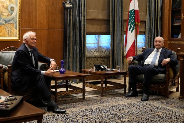 European Union foreign policy chief Josep Borrell, left, meets with Lebanese Parliament speaker Nabih Berri, righr, in Beirut, Lebanon, Sunday, Nov. 24, 2024. (AP Photo/Hassan Ammar)