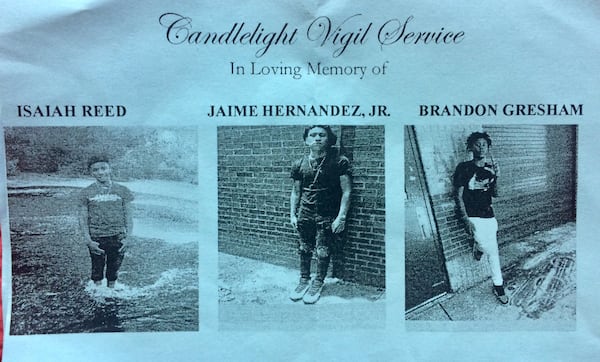 A pamphlet from a vigil held Wednesday night for three teens shot to death Monday morning in Conyers. The man who shot them said the three tried to rob him outside his home at 4 a.m. on September 16, 2019. The teenagers were armed and wore masks, according to police. Photo by Bill Torpy