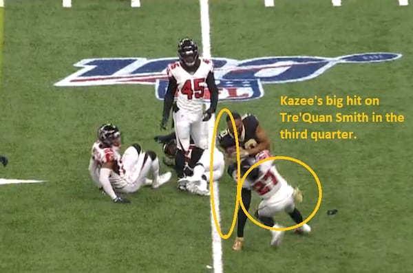 Falcons safety Damontae Kazee puts a big-hit on Saints wide receiver Tre'Quan Smith.  (Gamepass.nfl.com screen shot from Fox Broadcast)