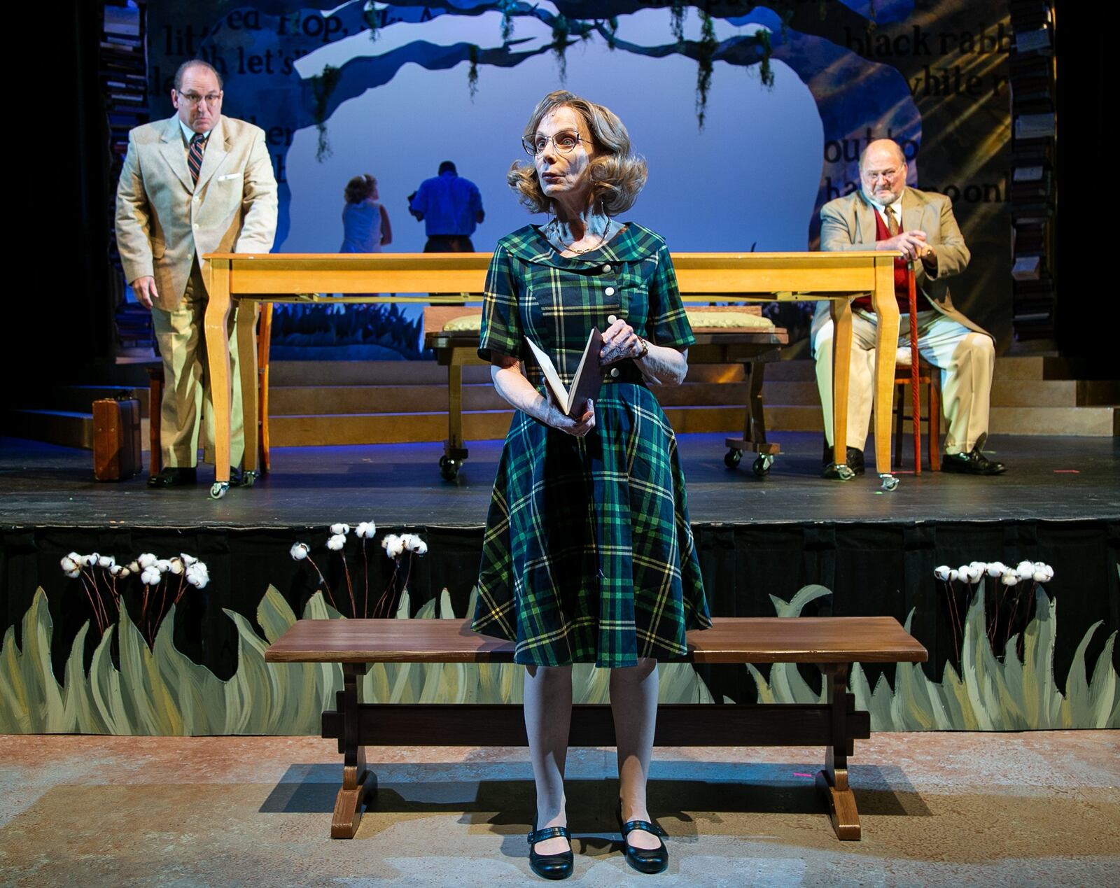 Georgia Ensemble Theatre’s “Alabama Story,” continuing through Sept. 25, co-stars Shannon Eubanks (center, flanked by Don Farrell, left, and Robert Wayne).
(Courtesy of Georgia Ensemble Theatre/Casey Gardner Ford)