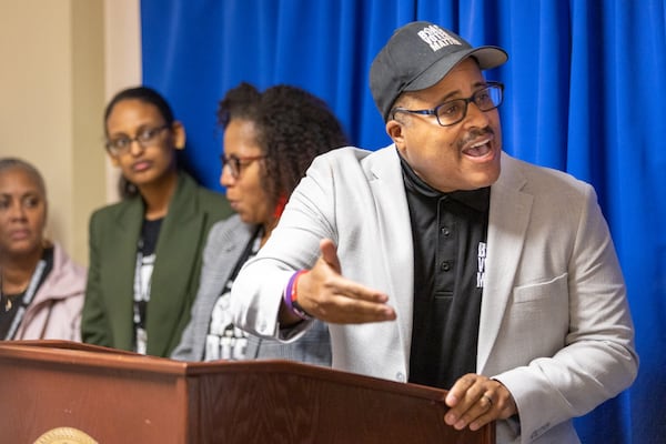 Cliff Albright, executive director of Black Voters Matter, speaks during a press conference in the Capitol in Atlanta on Wednesday, March 8, 2023. (Arvin Temkar / arvin.temkar@ajc.com)