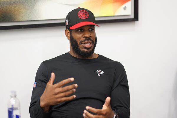 Atlanta Falcons tight ends coach Kevin Koger talks during media availability during OTAs, Wednesday, June 5, 2024, in Flowery Branch, Ga. (Jason Getz / AJC)
