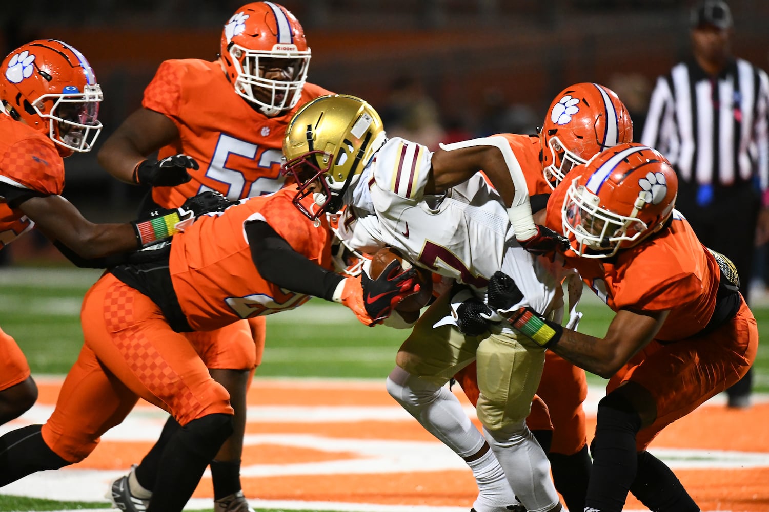 Lee Niles, wide receiver for Brookwood, gets tackled at the Parkview vs. Brookwood High School Football game on Friday, Oct. 28, 2022, at Parkview High School in Lilburn, Georgia. (Jamie Spaar for the Atlanta Journal Constitution)