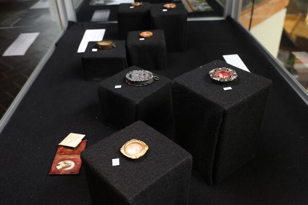 Several relics are shown in a glass case on display at the Roman Catholic Archdioceses of Atlanta in Smyrna.  (Jason Getz / Jason.Getz@ajc.com)