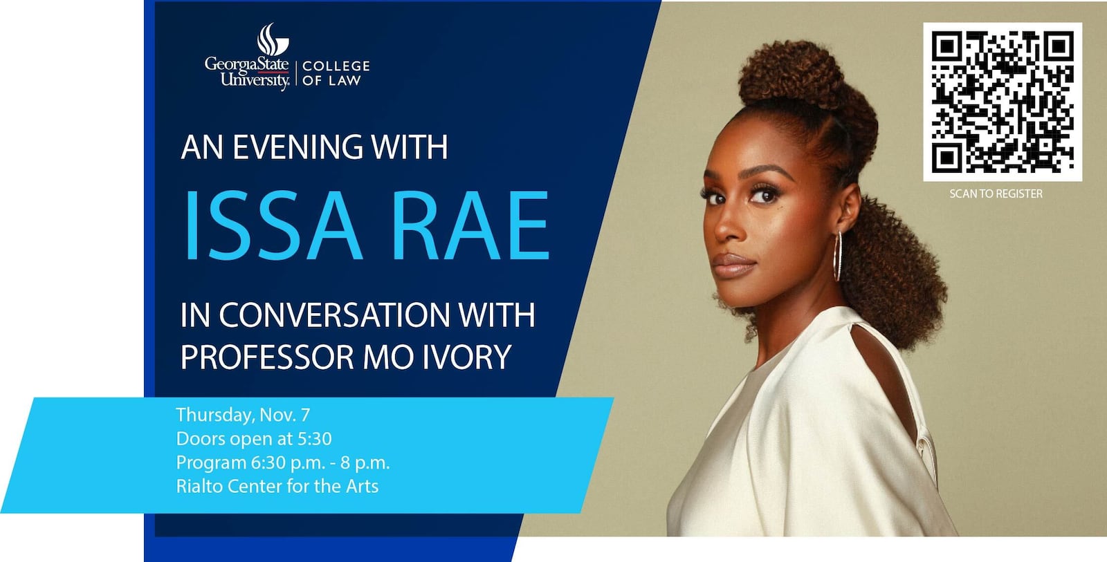 A promotional invitation to Issa Rae's visit to Georgia State University on Thursday, Nov. 7, 2024.