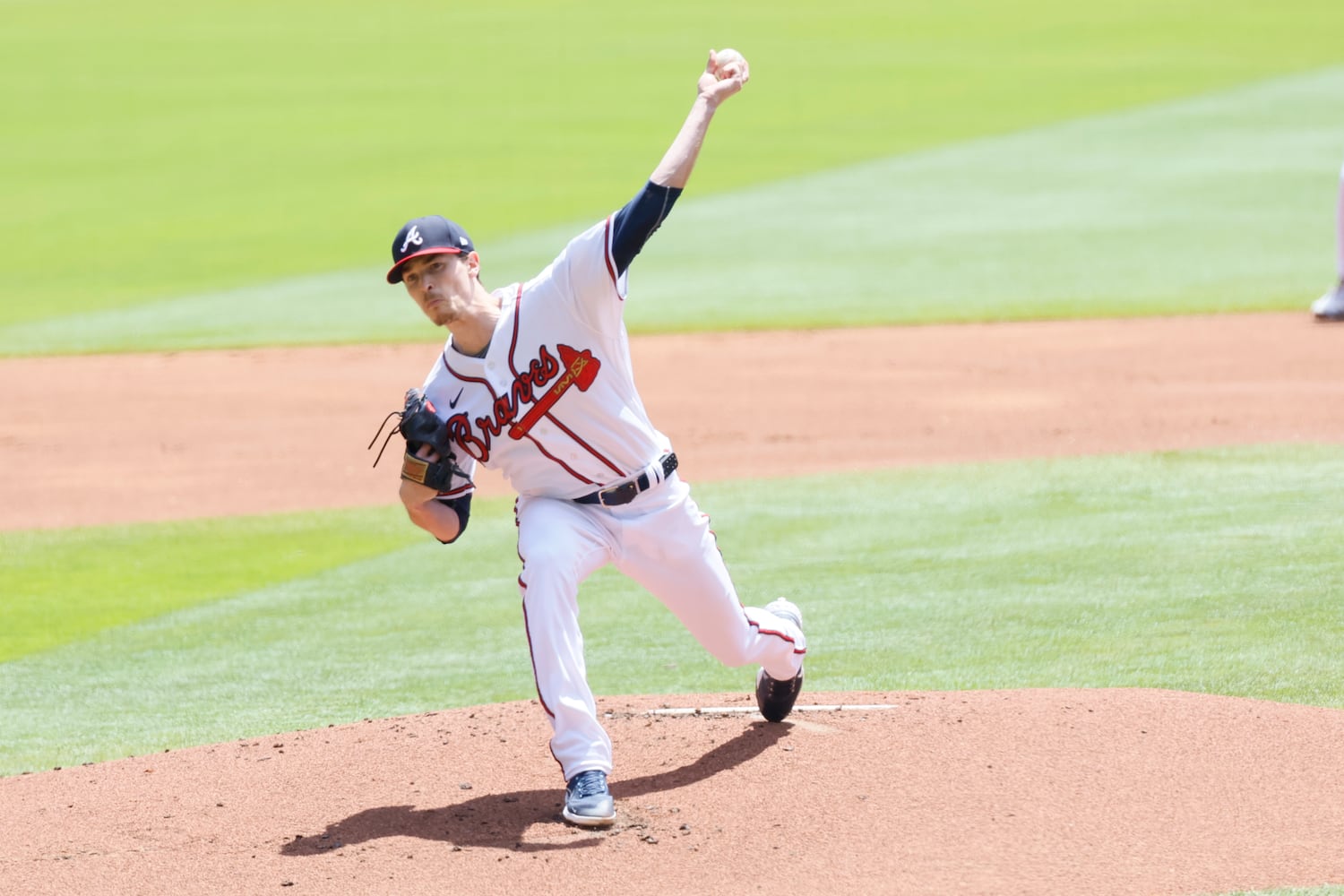 Braves starting pitcher Max Fried (54) delivers to an Astros batter in the first inning at Truist Park, Sunday, April 23, 2023, in Atlanta. Miguel Martinez / miguel.martinezjimenez@ajc.com 