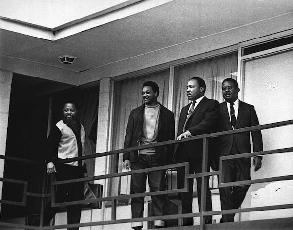 1968: Abernathy is seen on the balcony of the Lorraine Hotel in Memphis, Tenn. with Hosea Williams, Jesse Jackson, and Martin Luther King, Jr., one day before King would be killed in the same spot. (AP file)