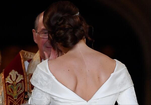 WINDSOR, ENGLAND - OCTOBER 12:  Princess Eugenie of York arrives for the wedding of Princess Eugenie of York to Jack Brooksbank at St. George's Chapel on October 12, 2018 in Windsor, England.